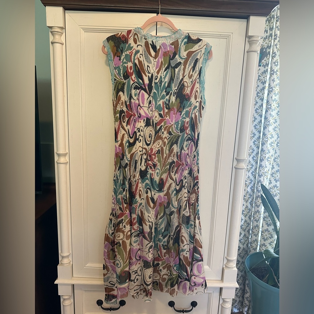 Vintage Sleeveless V-Neck Midi Dress Large Teal, Lavender, Cream & Brown - Picture 3 of 4